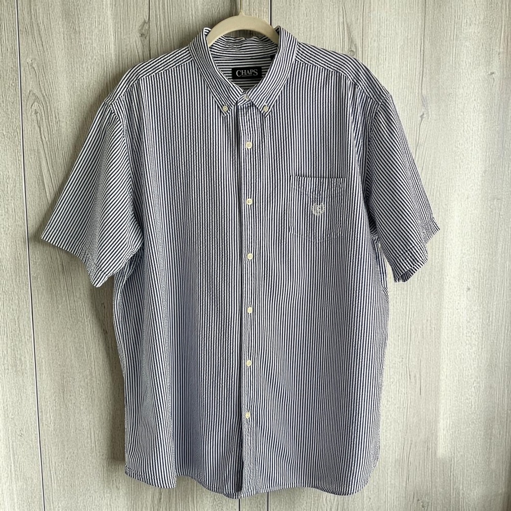 Vintage Seersucker Button Up Shirt Men's XXL Blue White Stripes Classic Preppy